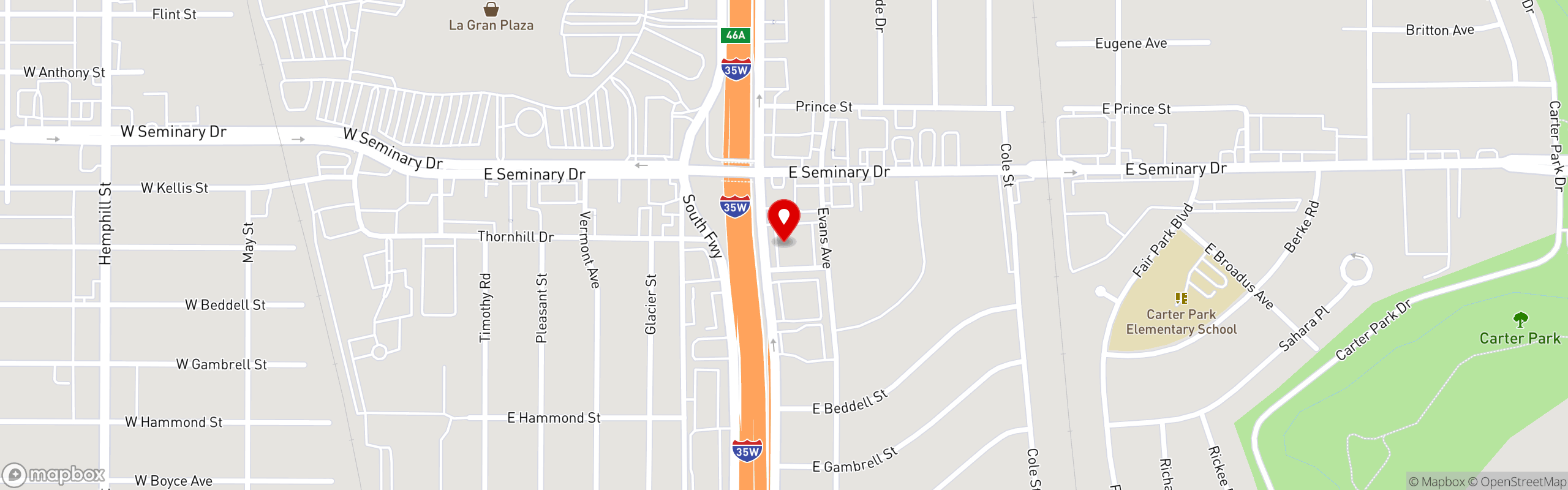 Street map pinning Ojos Locos Sports Cantina in South Fort Worth