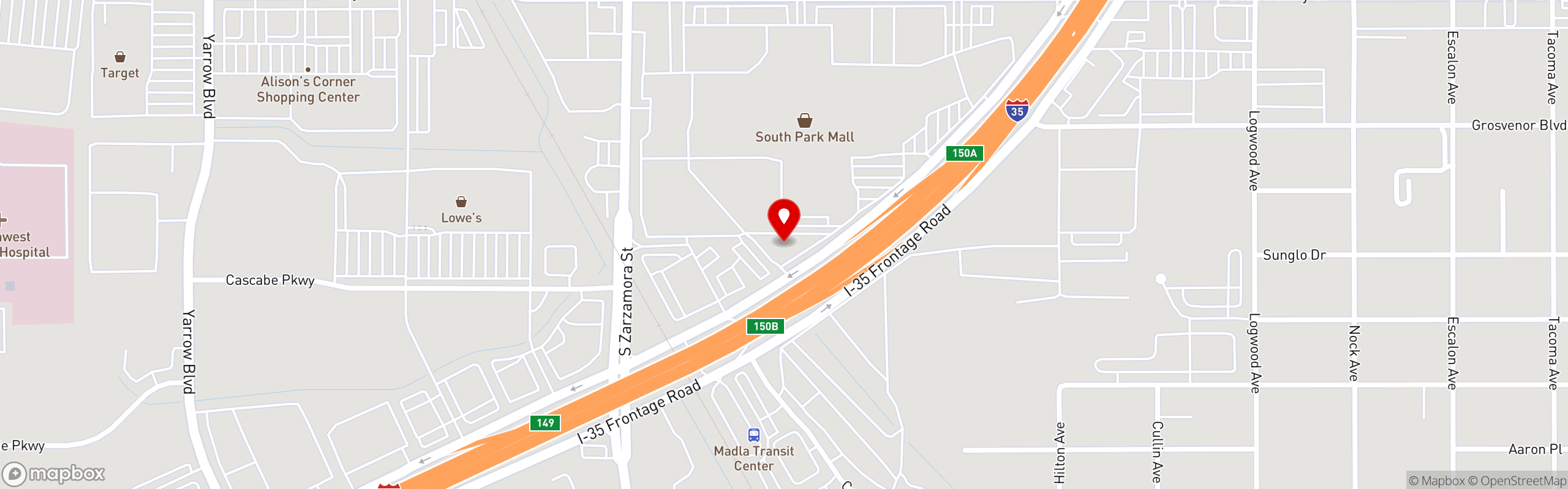 Street map pinning Ojos Locos Sports Cantina in South Park Mall