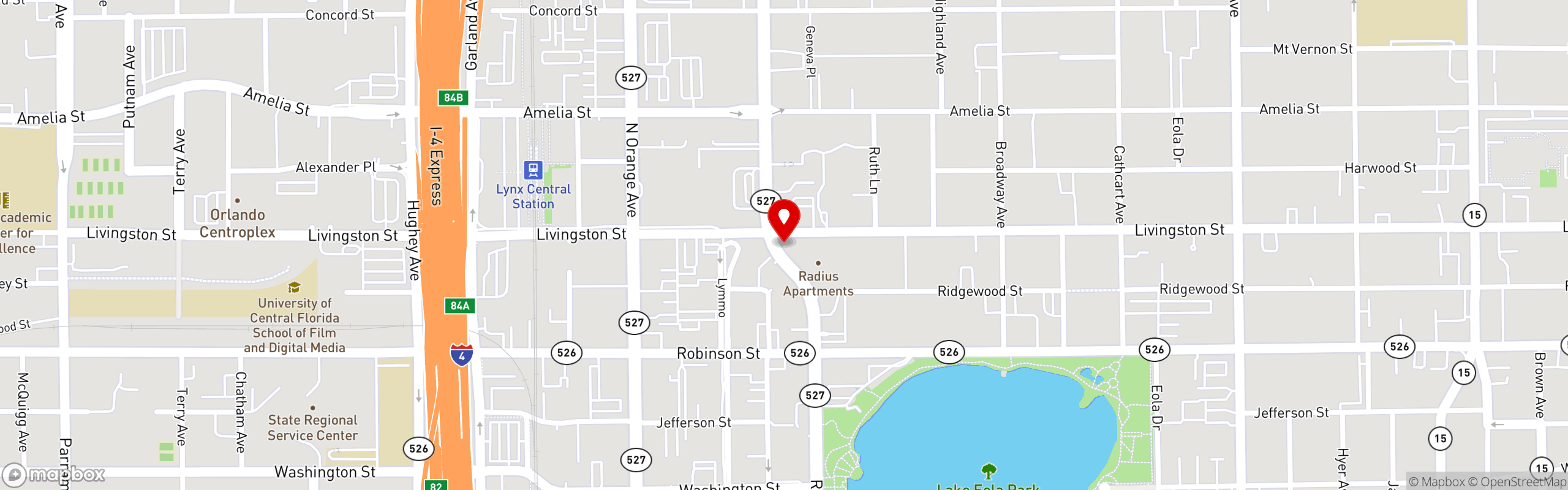 Street map pinning The Drake Kitchen + Bar in Orlando