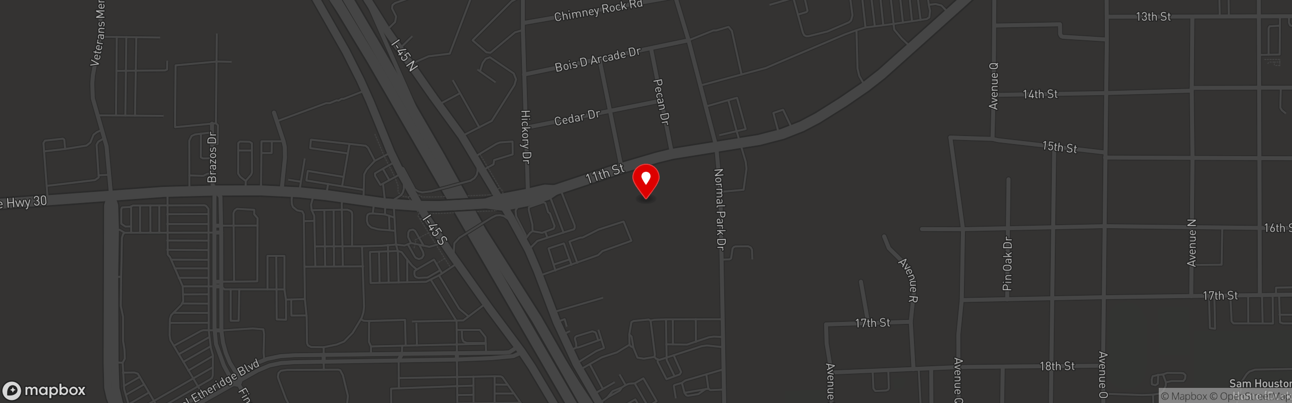 Street map pinning 1836 Steakhouse in Huntsville