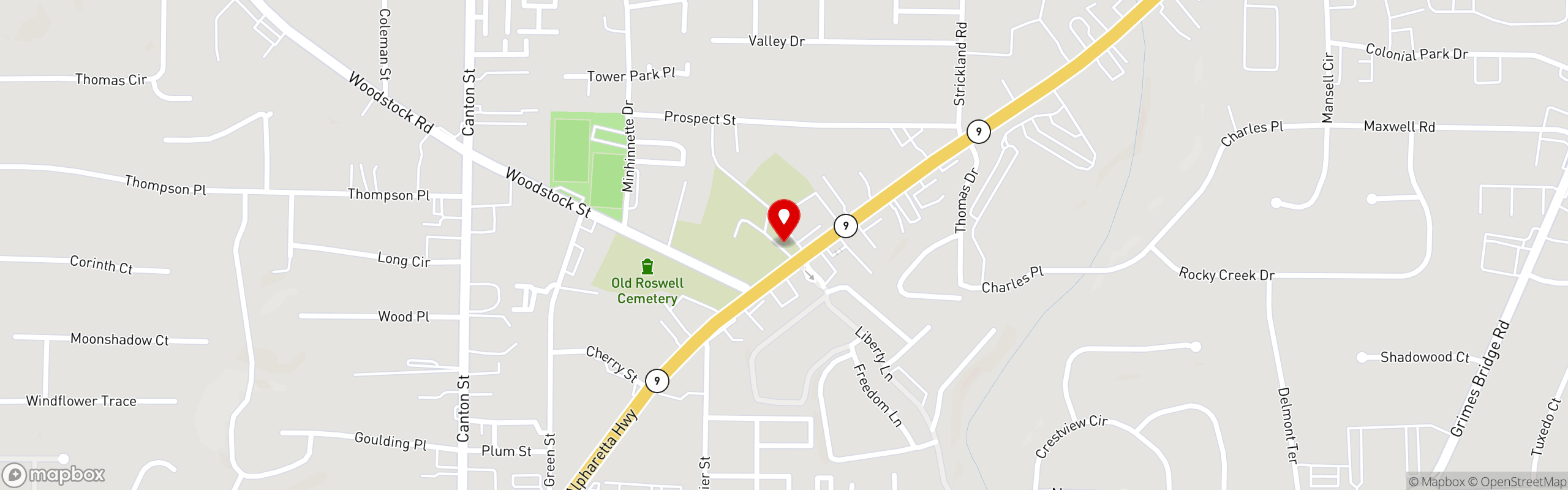 Street map pinning Thumbs Up Diner in Roswell