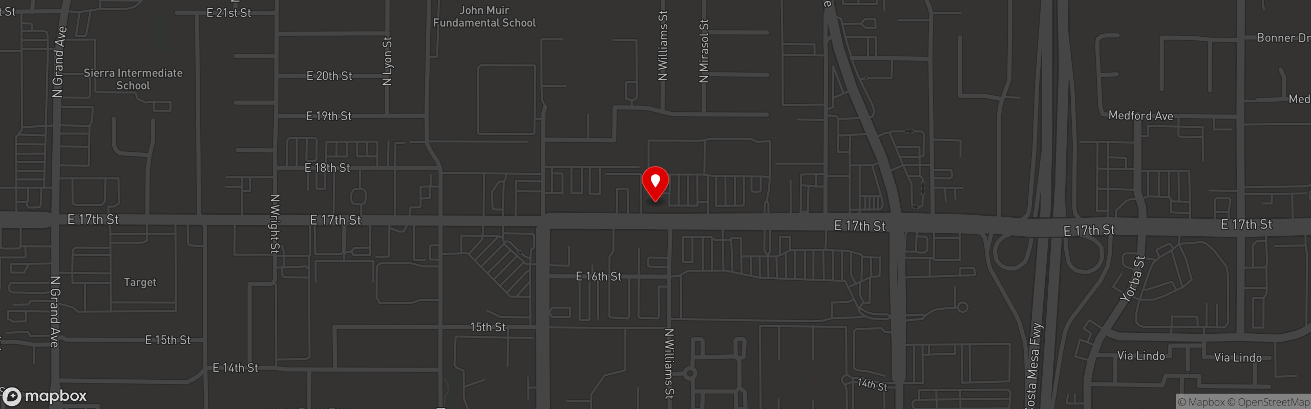 Street map pinning El Yaqui Tacos y Mariscos in Santa Ana