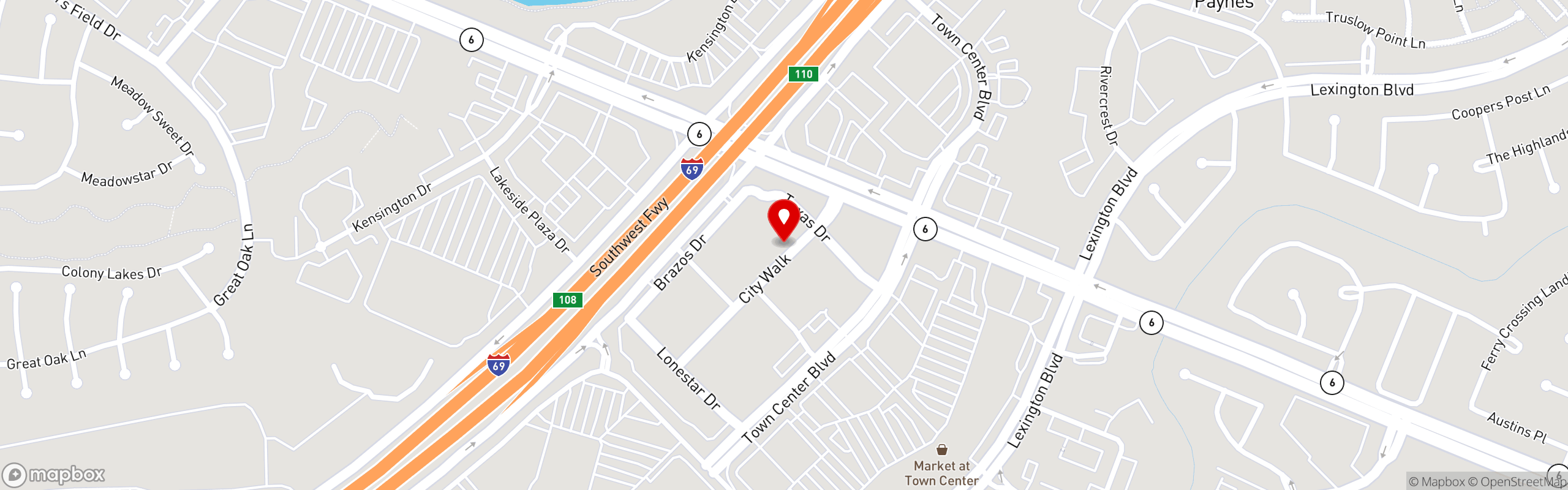 Street map pinning Baker St. Pub & Grill in Sugar Land Town Center