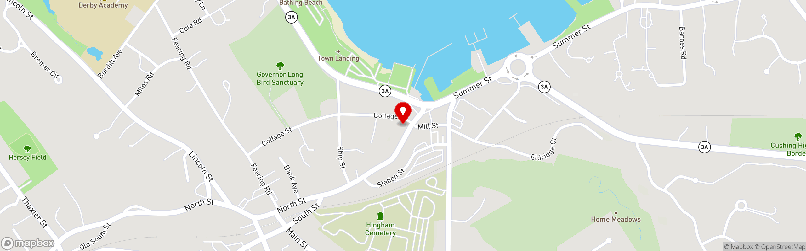 Street map pinning Caffe Tosca in Hingham
