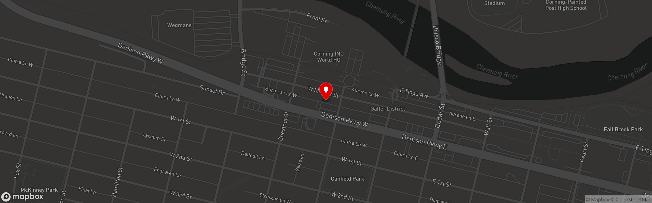 Street map pinning Mooney's Sports Bar and Grill in Mooney's Corning