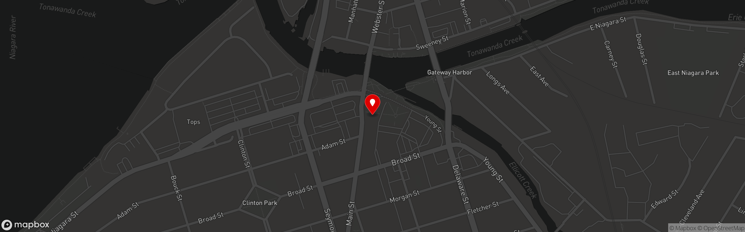 Street map pinning Mooney's Sports Bar and Grill in Mooney's Tonawanda