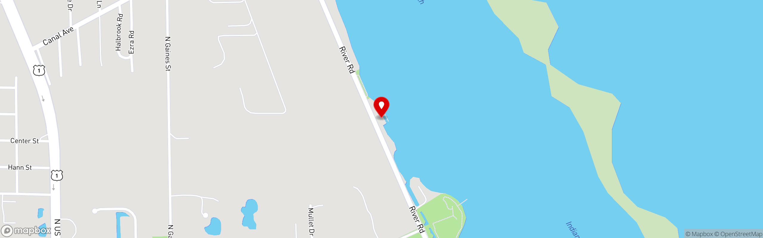 Street map pinning Goodrich Seafood & Oyster House in Oak Hill, FL