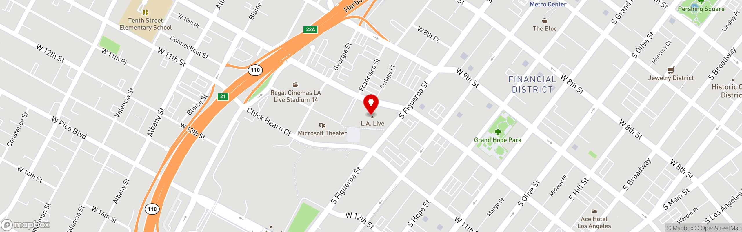Street map pinning Sol Agave in L.A. Live