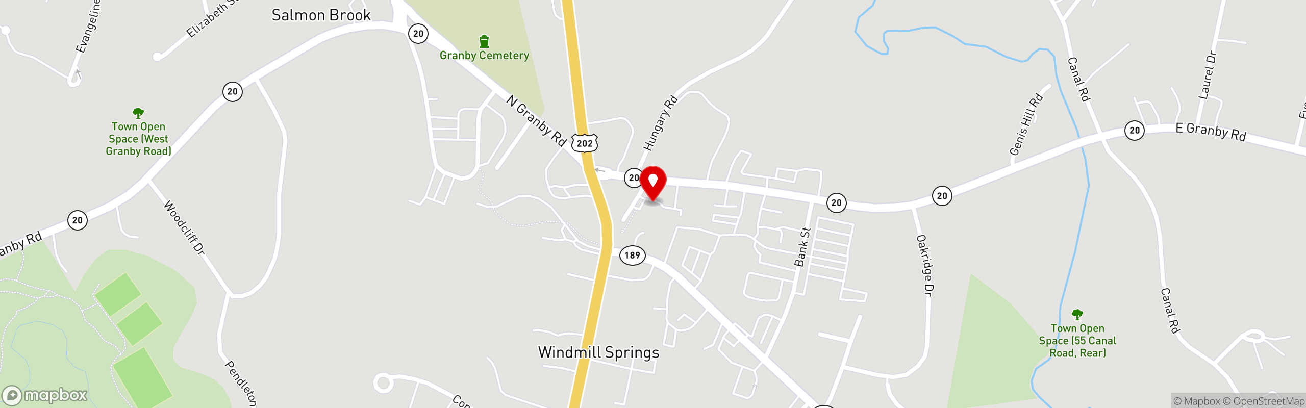 Street map pinning Grassroots Ice Cream in Granby, CT
