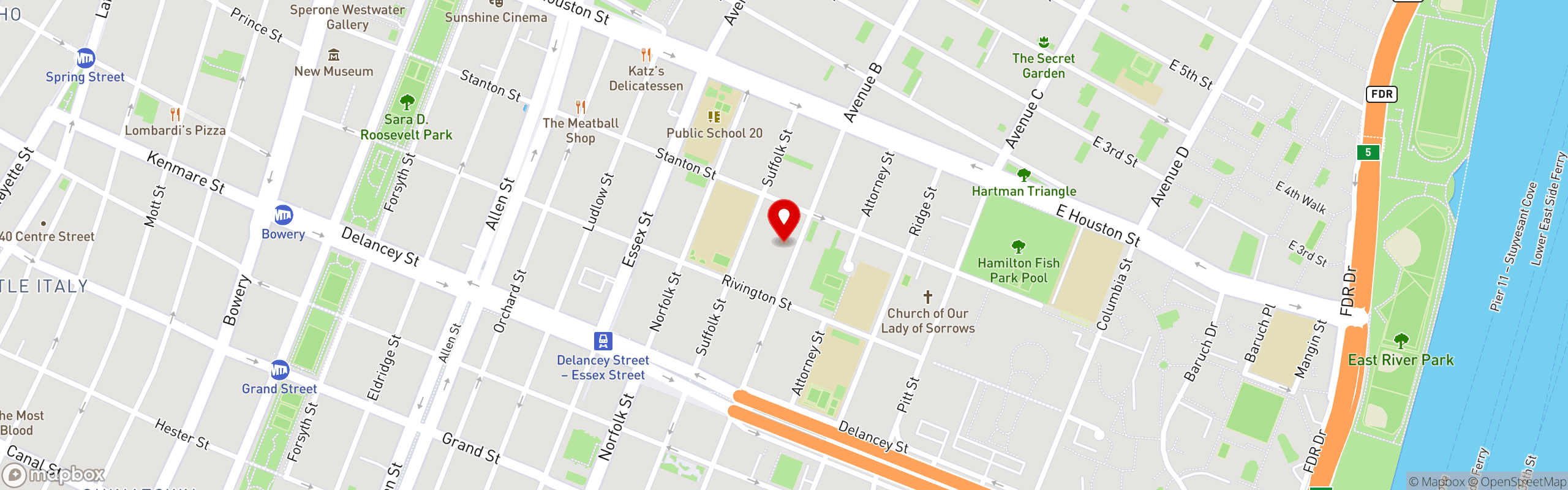 Street map pinning Fluffies Hot Chicken in Fluffies Hot Chicken - LES