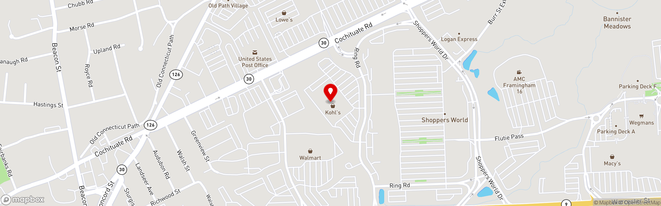 Street map pinning Atlantic Poké in Framingham
