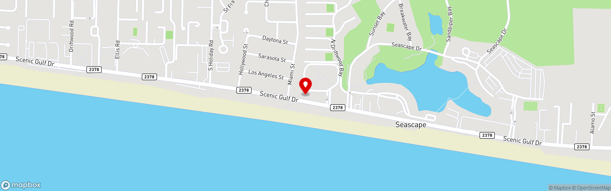 Street map pinning Pascalli Kitchen in Miramar Beach