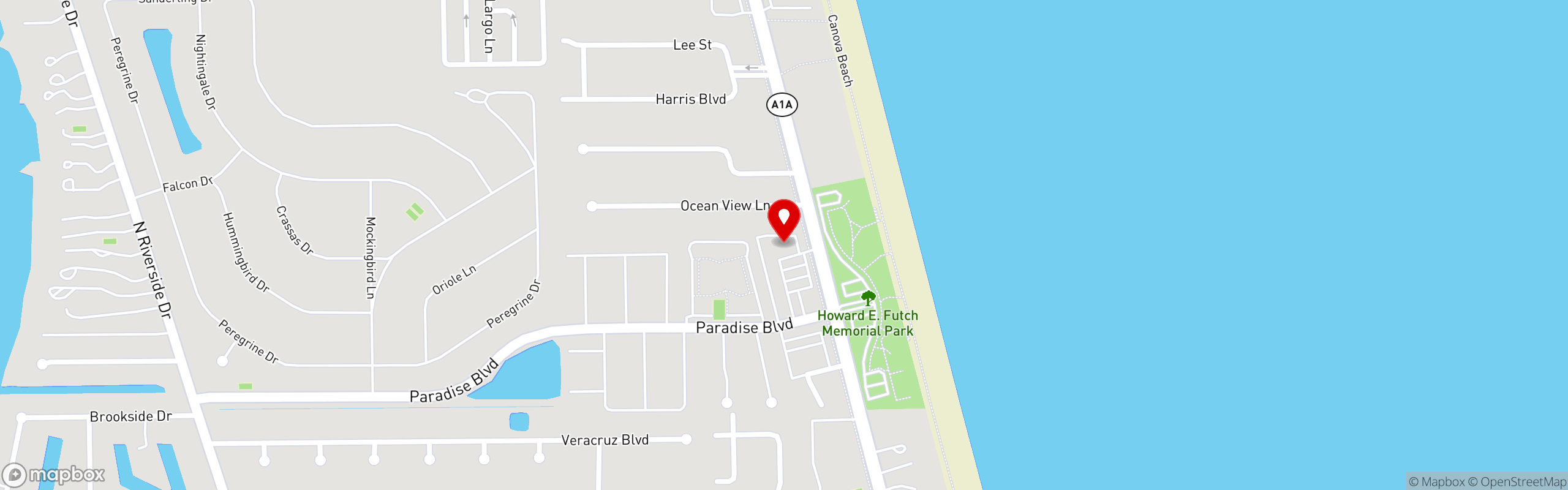 Street map pinning Bunky's Raw Bar & Grill in Indialantic