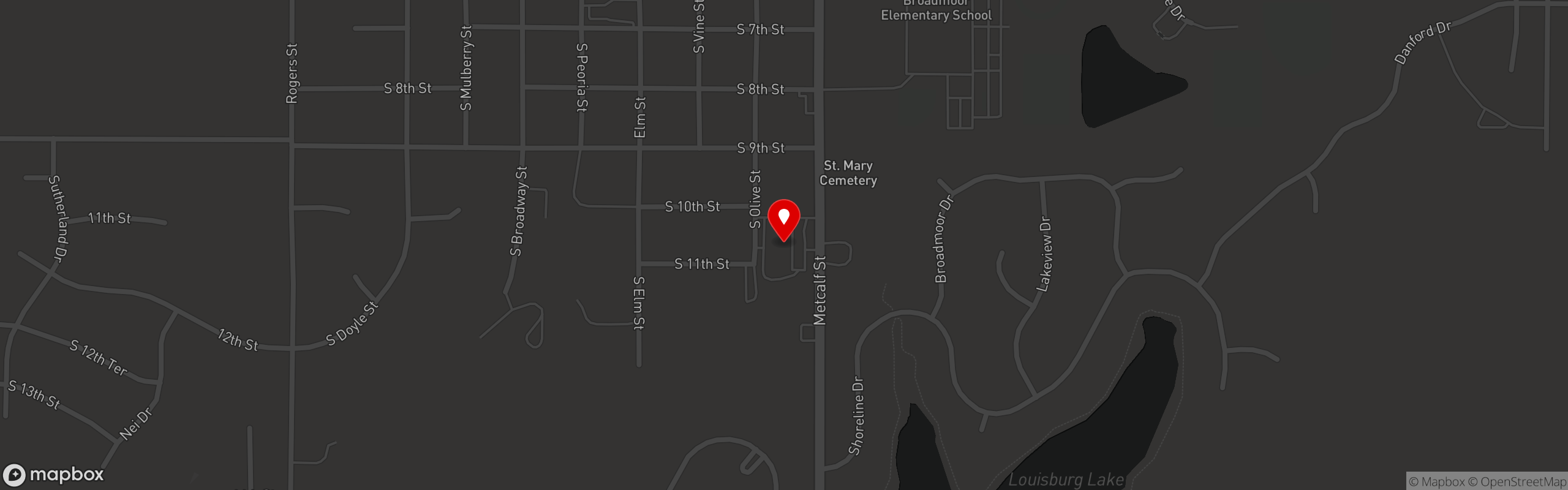 Street map pinning Miss B's Cafe in Louisburg