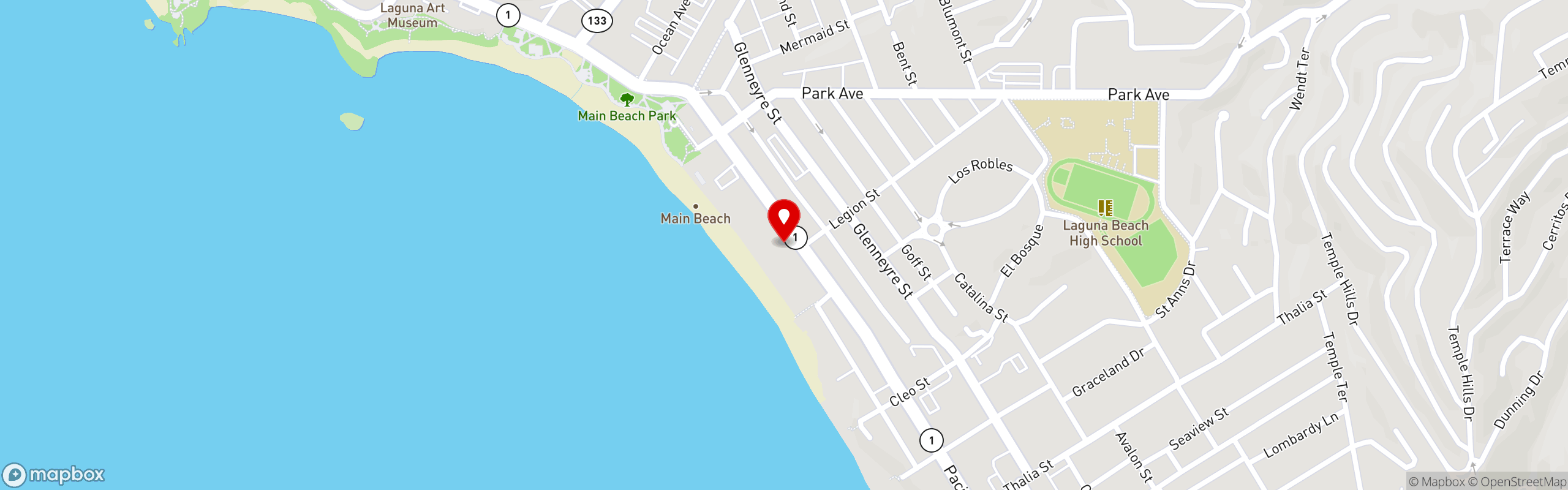 Street map pinning The Cliff Restaurant in Laguna Beach, California