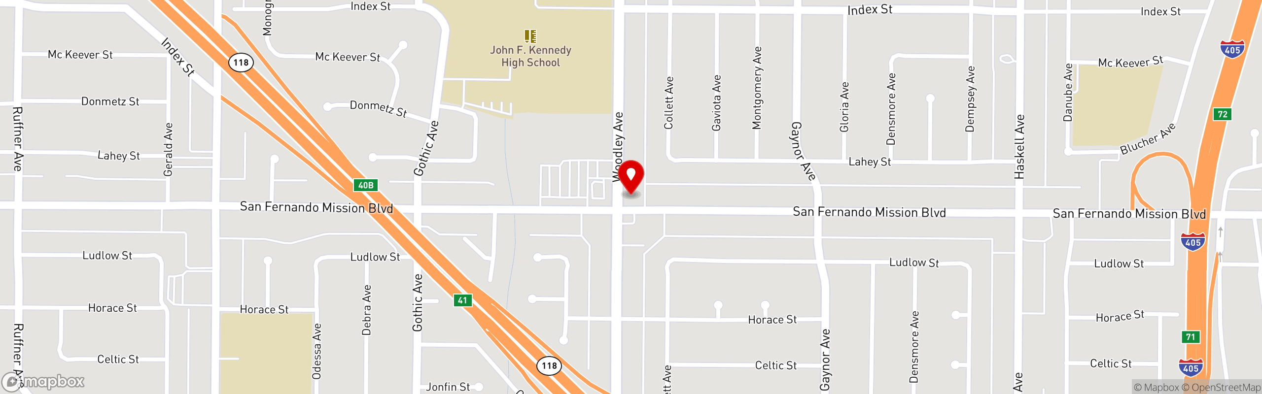 Street map pinning Casa de Pizza in Granada Hills