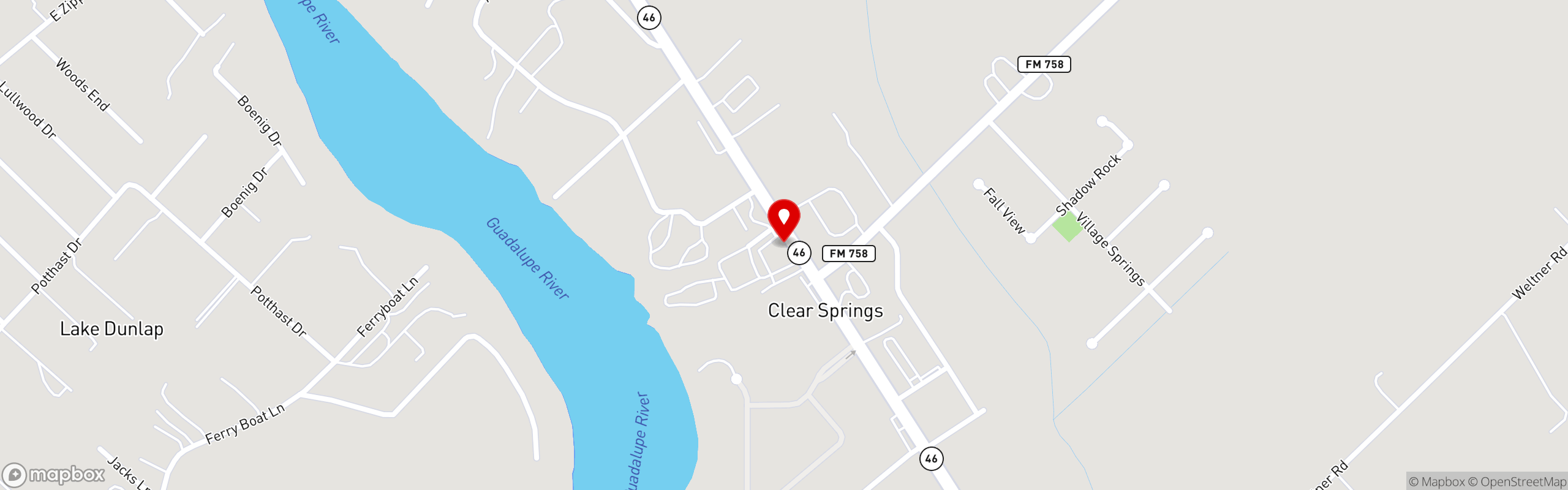 Street map pinning Clear Springs Restaurant in New Braunfels, TX
