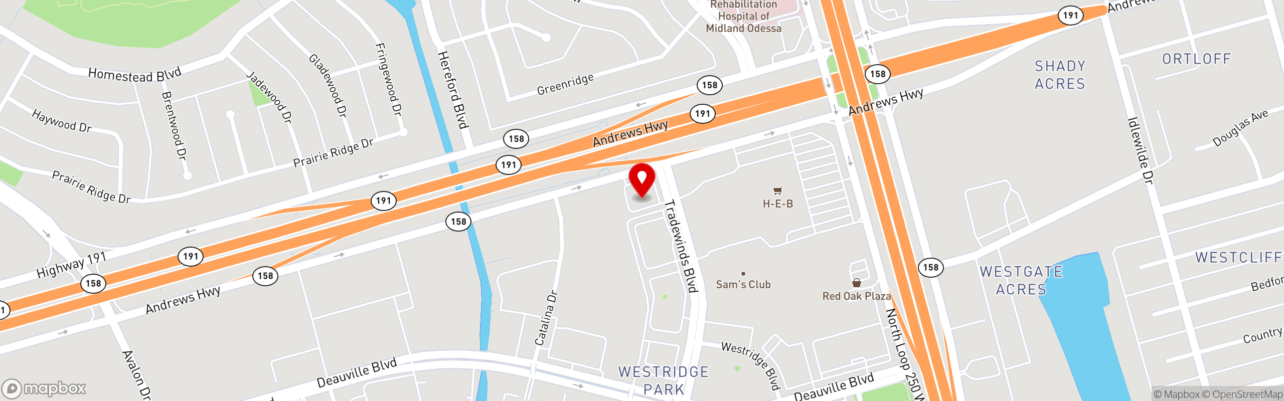 Street map pinning Clear Springs Restaurant in Midland, TX
