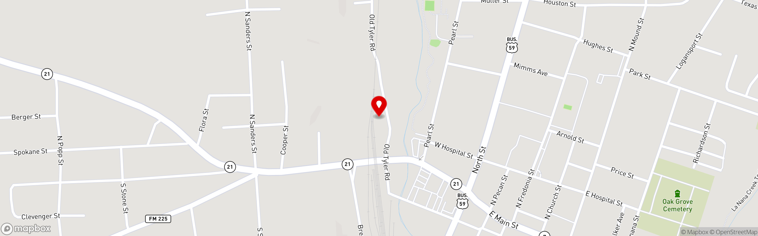 Street map pinning Clear Springs Restaurant in Nacogdoches, TX