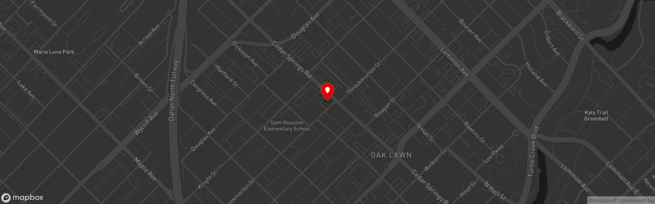 Street map pinning Roy G's in Dallas