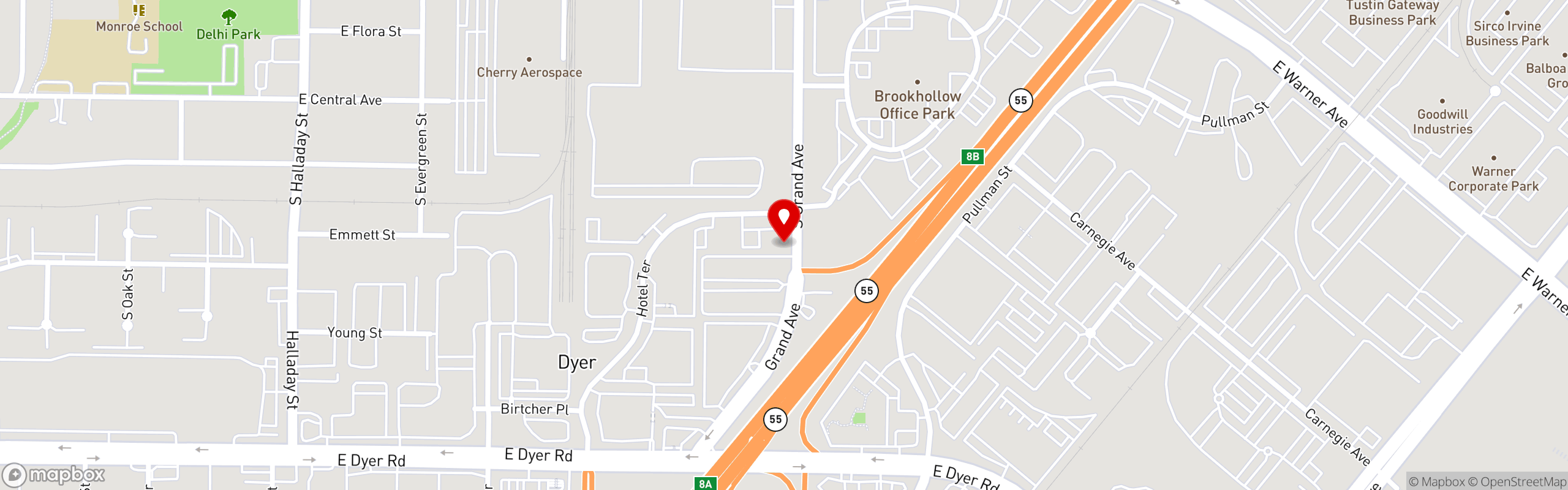 Street map pinning Spoons Grill and Bar in Santa Ana