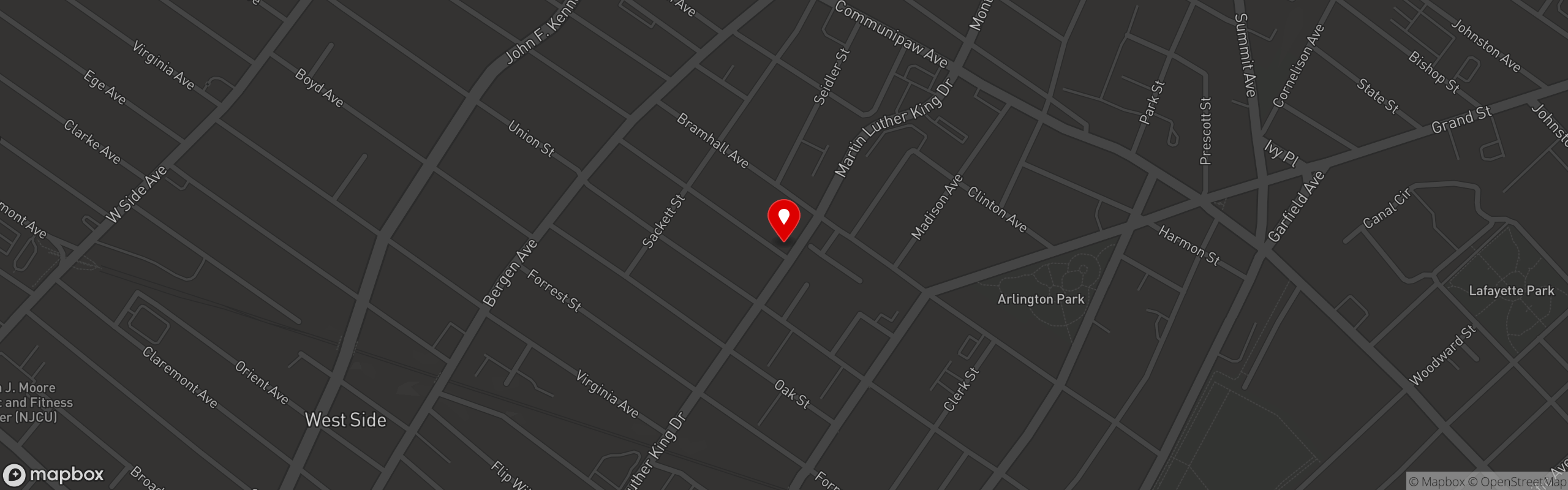 Street map pinning Ambassador Fish and Chicken in Jersey City