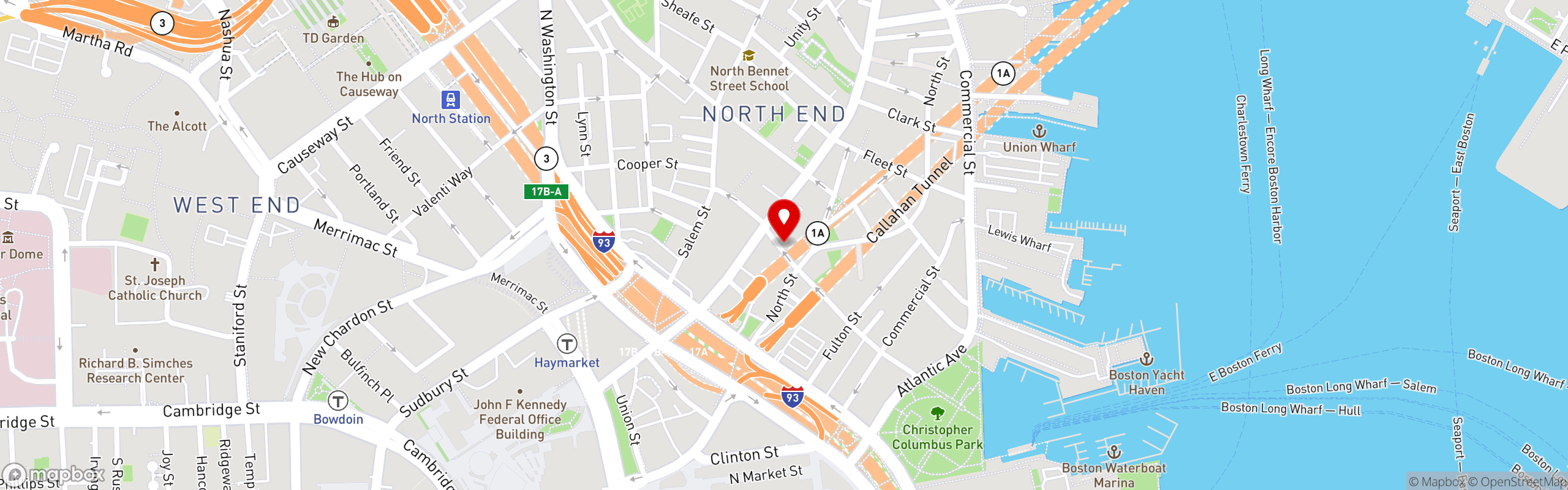 Street map pinning Vinoteca di Monica & Monica's Pasta Shop in Boston