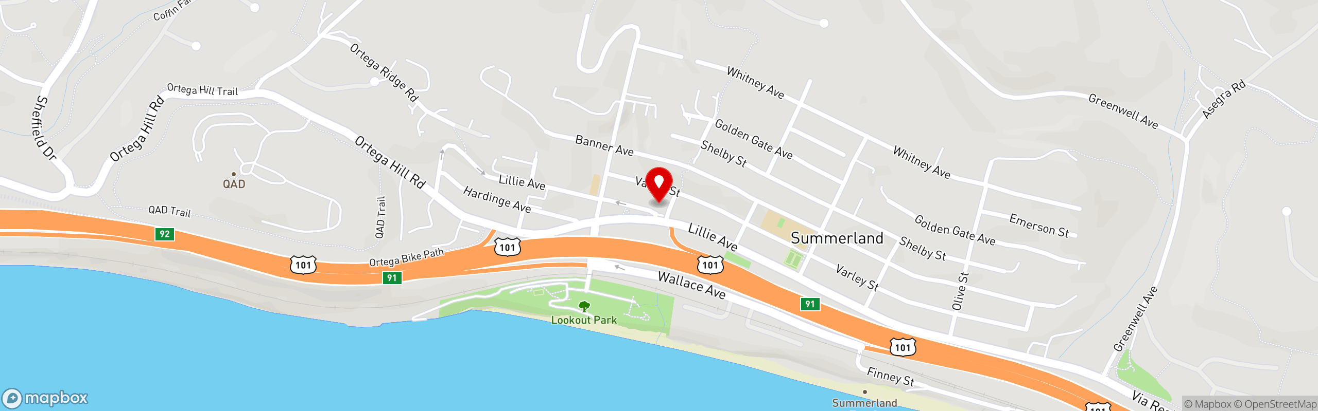 Street map pinning Summerland Beach Cafe in Summerland Beach Cafe