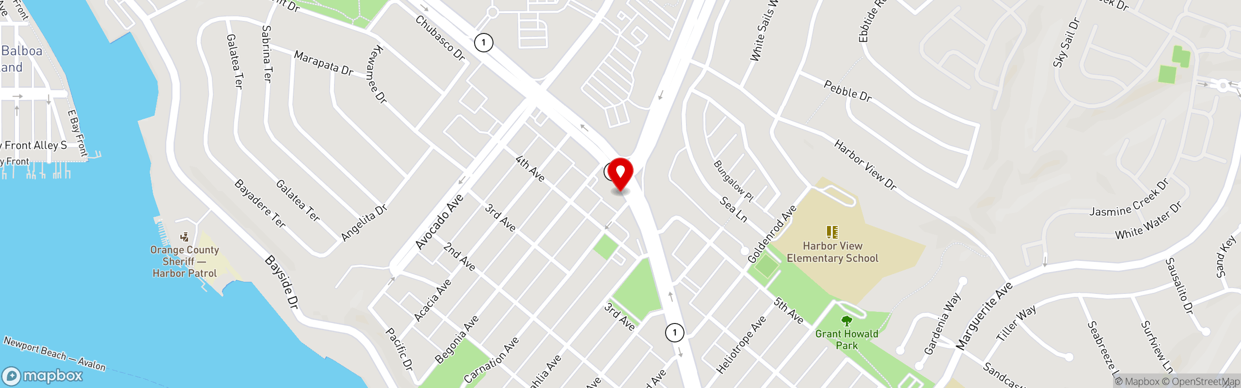 Street map pinning The Bungalow Restaurant in Newport Beach