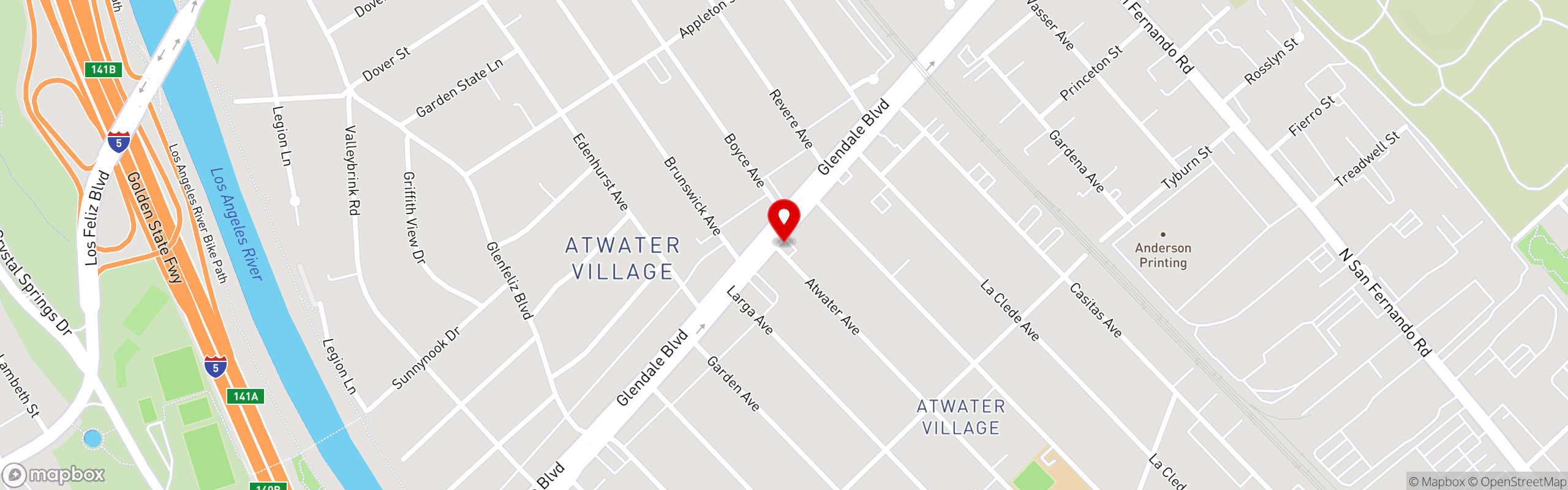 Street map pinning Hugo's Tacos in Atwater Village