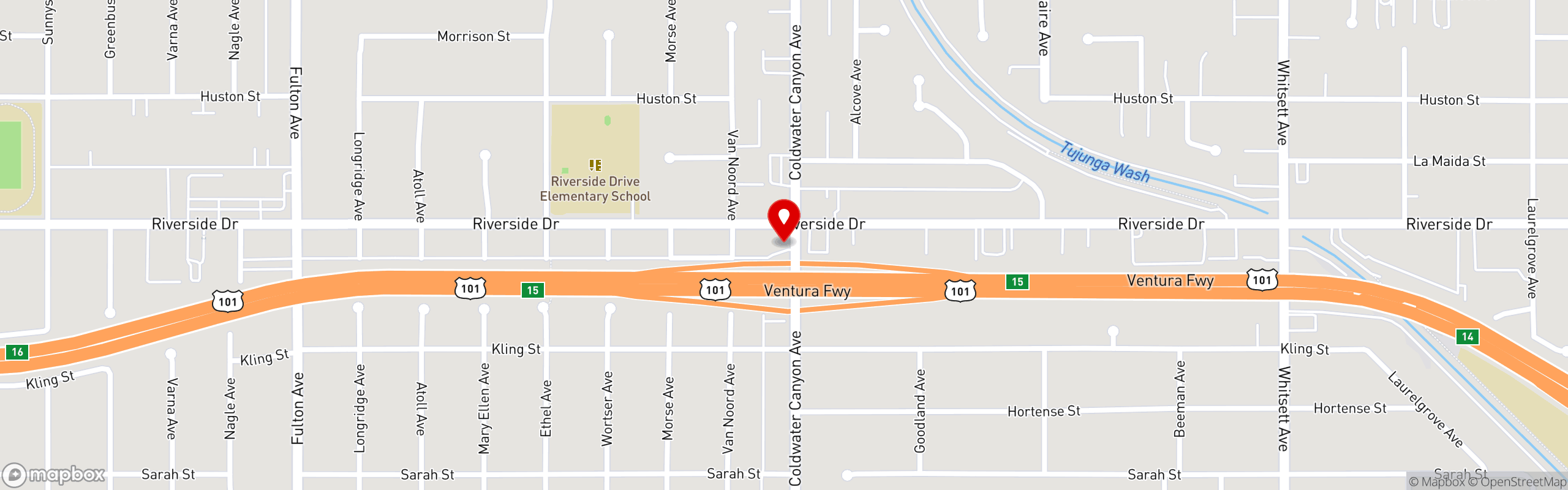 Street map pinning Hugo's Tacos in Studio City