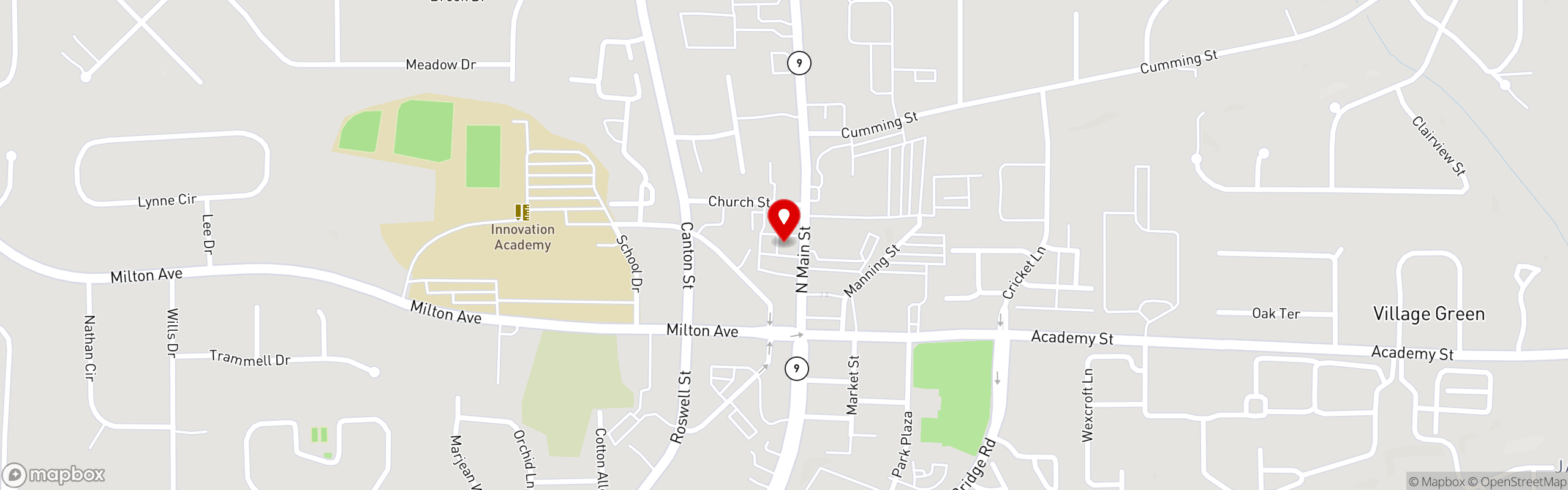 Street map pinning Flatlands Bourbon and Bayou in Alpharetta
