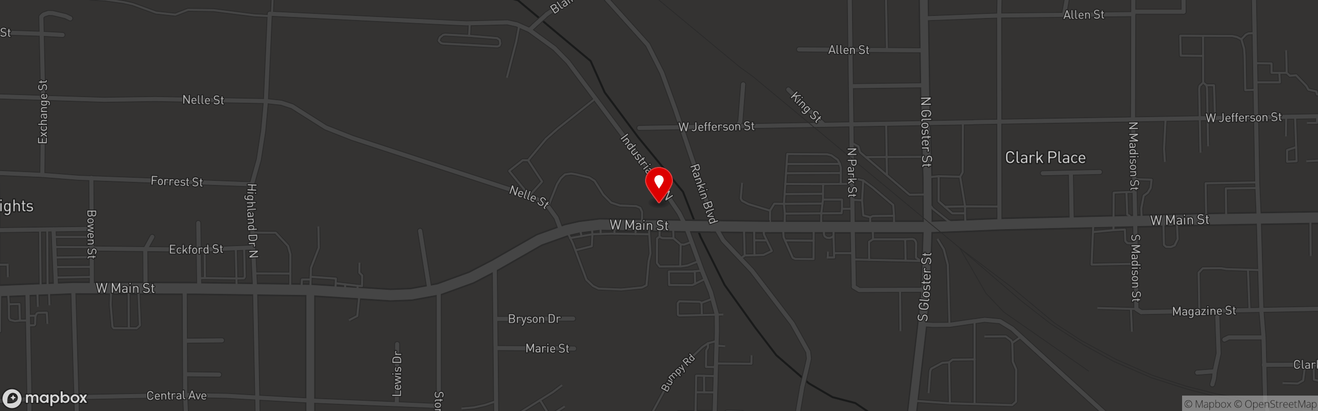 Street map pinning Bishop's BBQ in West Main Tupelo, MS