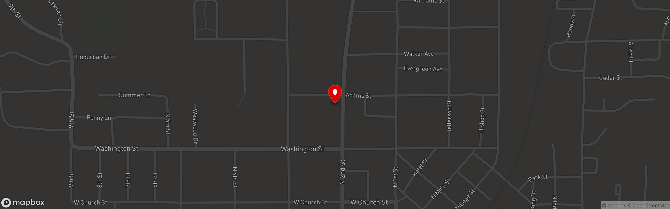 Street map pinning Bishop's BBQ in Booneville, MS