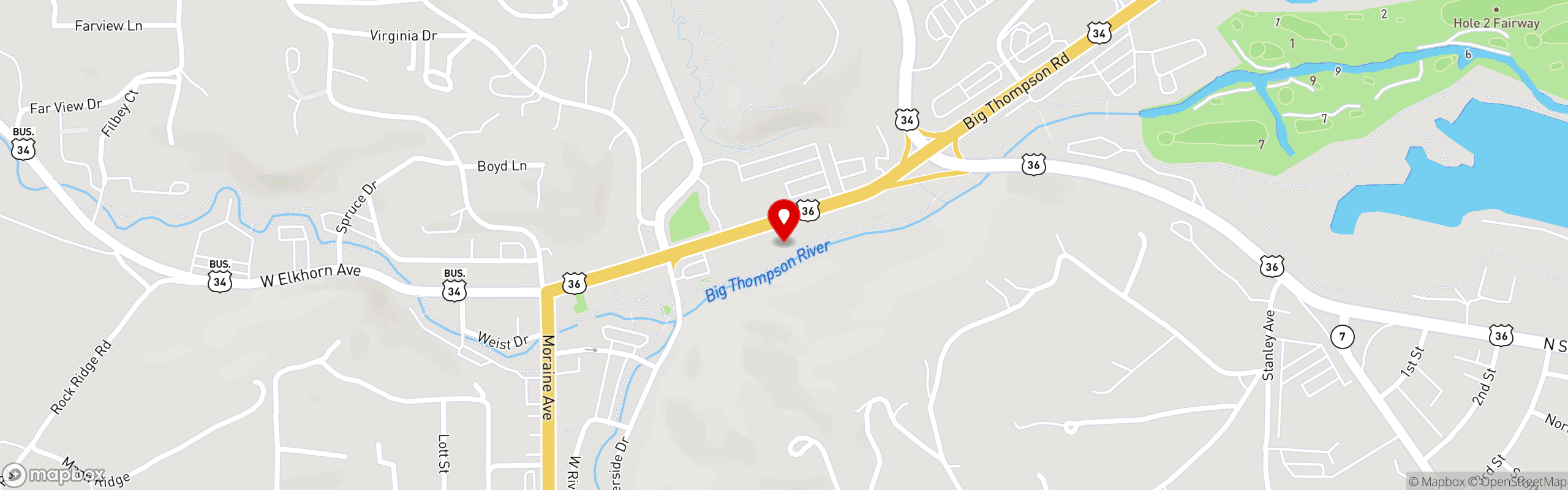 Street map pinning Mama Rose's Restaurant in Estes Park, CO