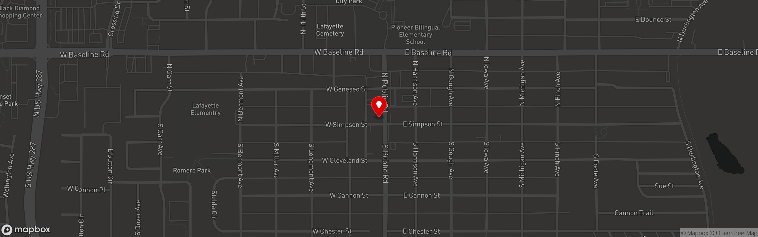 Street map pinning Teocalli Cocina in Lafayette