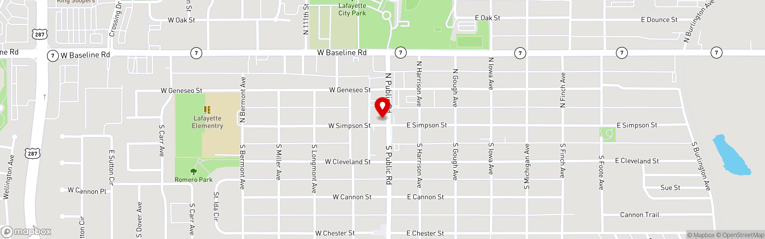 Street map pinning Teocalli Cocina in Lafayette