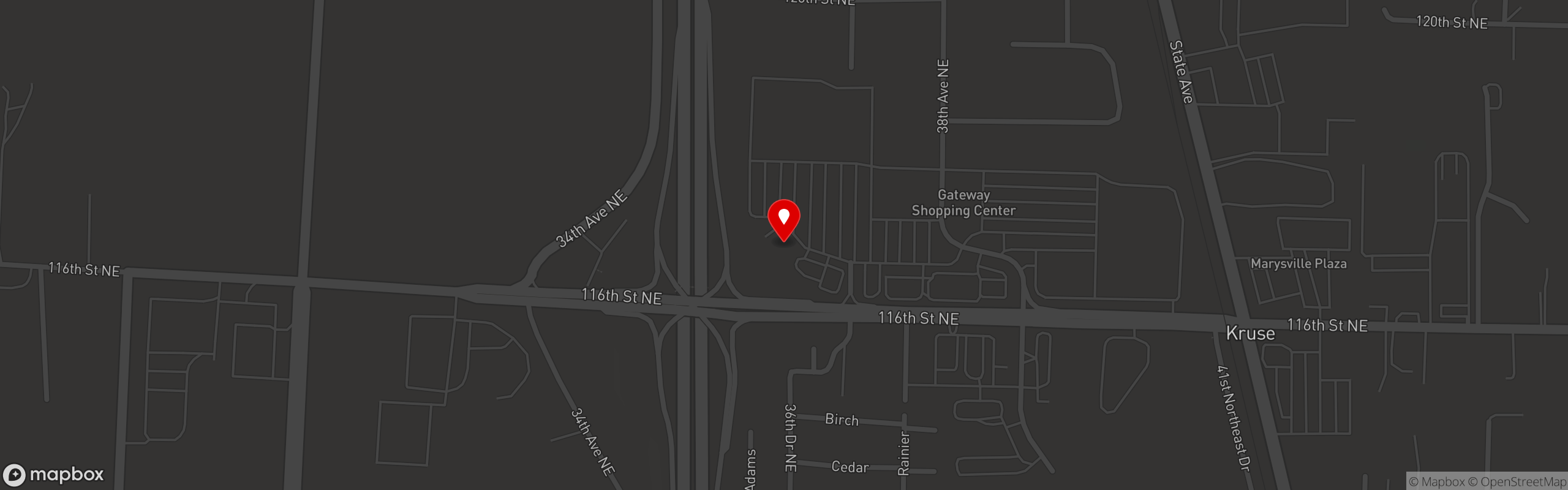 Street map pinning Blazing Onion Burger Co. in Marysville Gateway Plaza