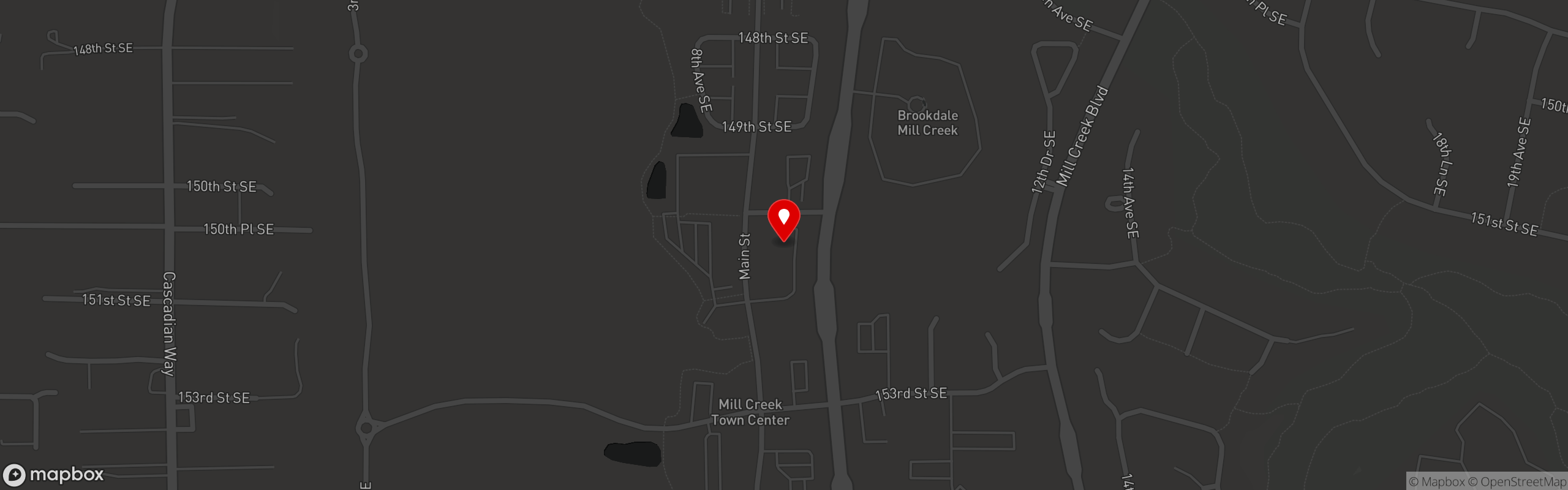 Street map pinning Blazing Onion Burger Co. in Mill Creek Town Center