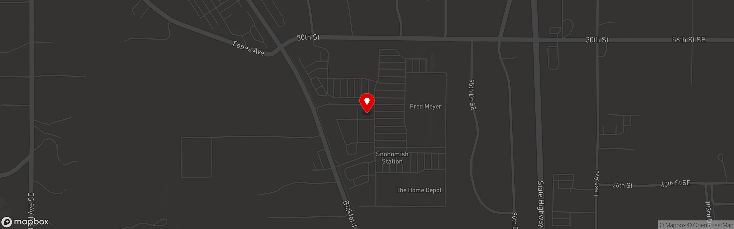 Street map pinning Blazing Onion Burger Co. in Snohomish Station