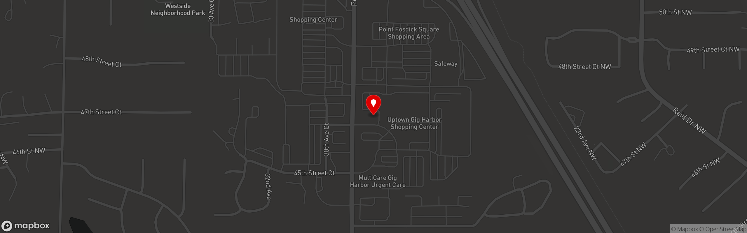 Street map pinning Blazing Onion Burger Co. in Uptown Gig Harbor