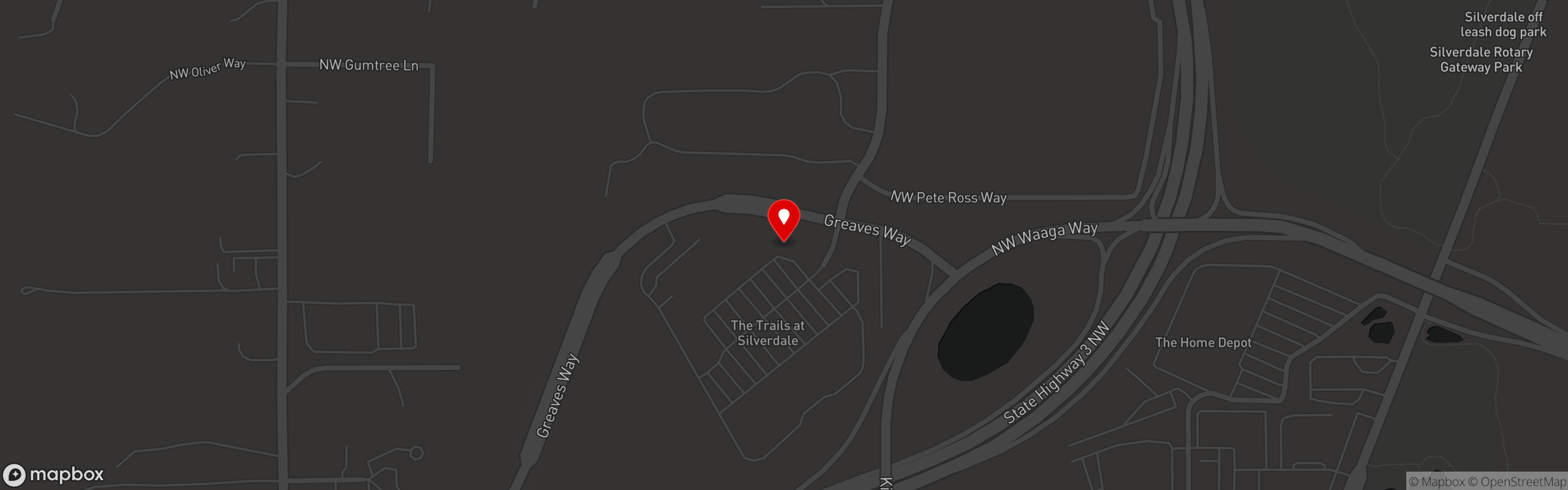 Street map pinning Blazing Onion Burger Co. in Trails at Silverdale - Blazing Onion Whiskey Bar