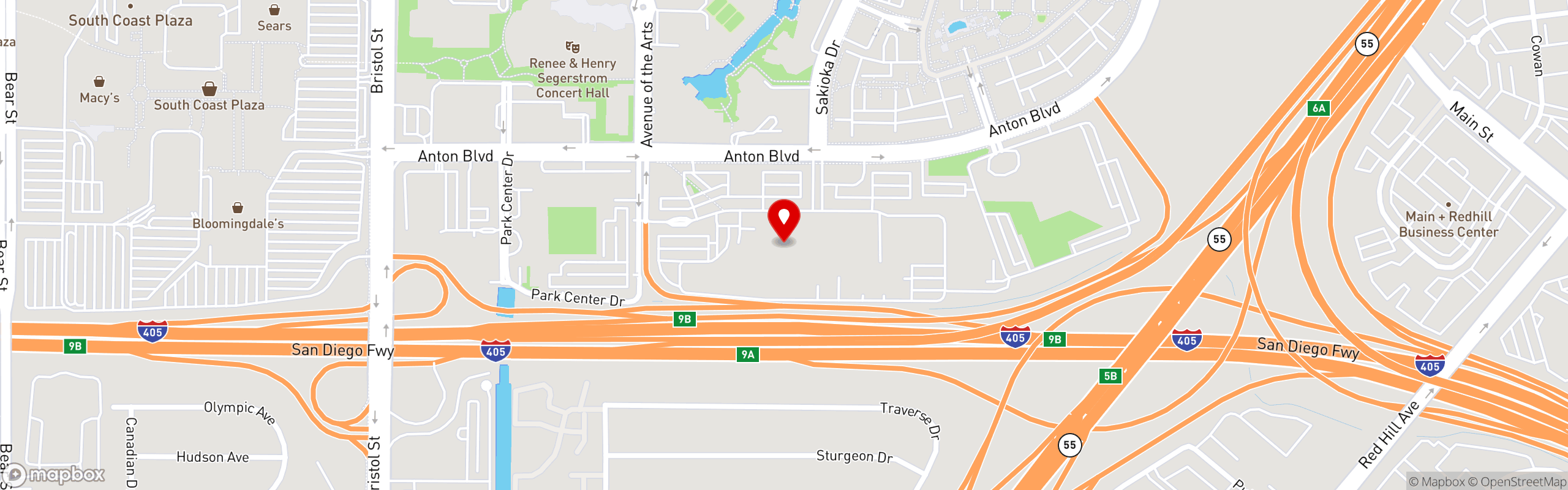 Street map pinning Pacific Pearl Cafe in Costa Mesa