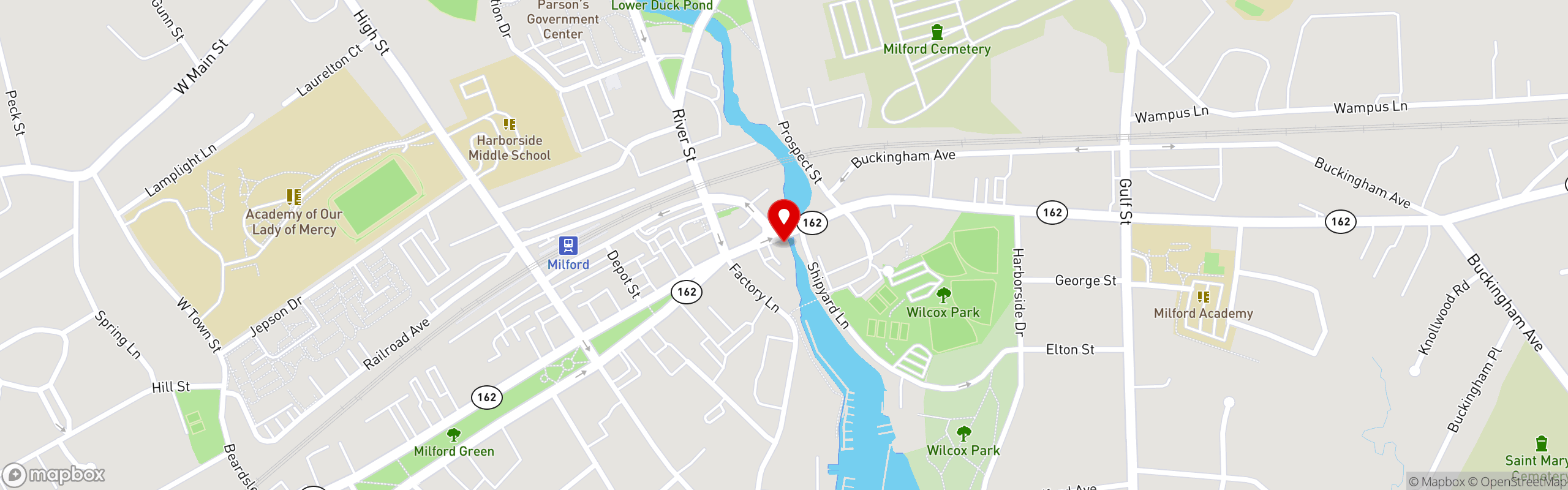 Street map pinning SBC Restaurant and Beer Bar in Milford, CT