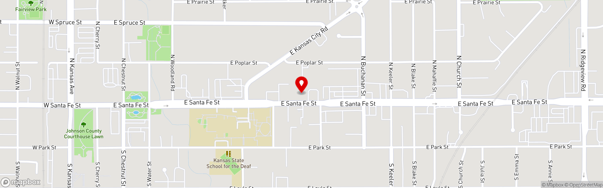 Street map pinning Mom's Kitchen in Olathe, Kansas