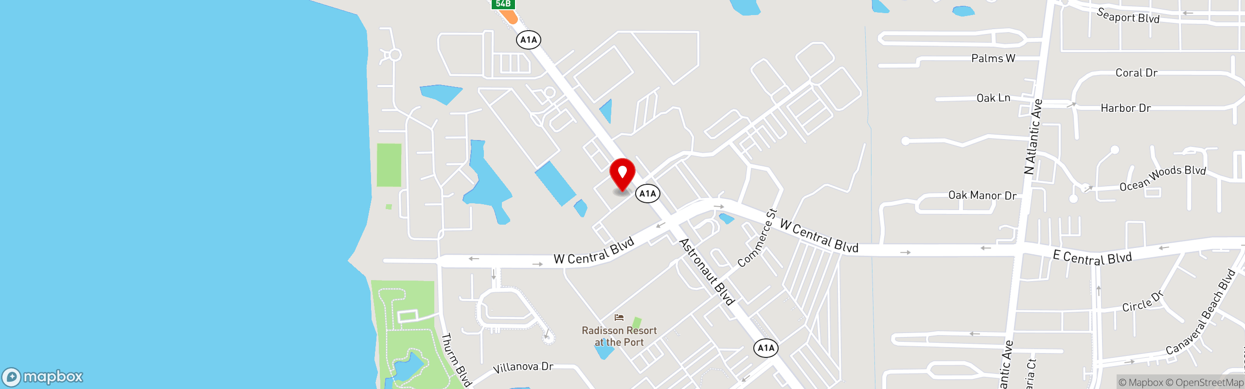 Street map pinning Zarrella's Italian & Wood Fired Pizza in Cape Canaveral