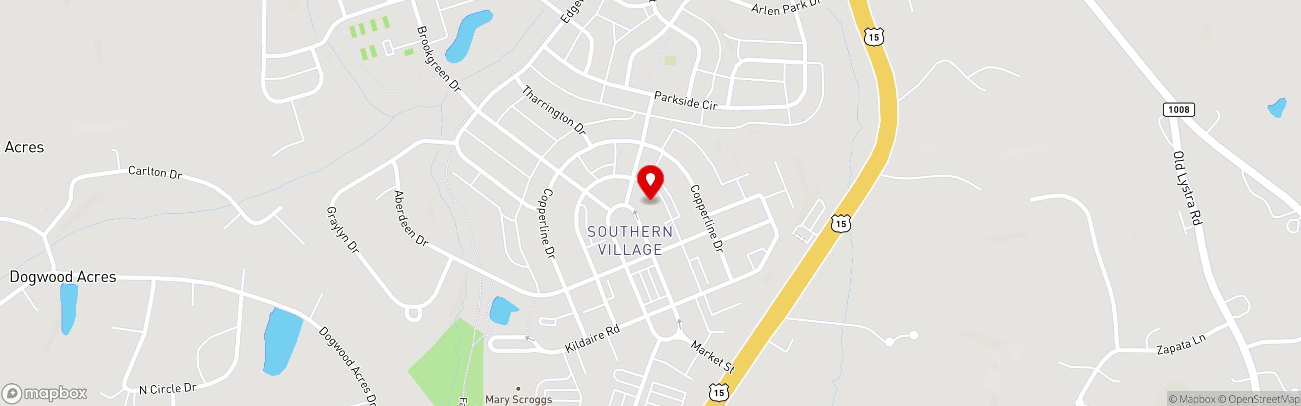 Street map pinning The Town Hall Grill in Southern Village