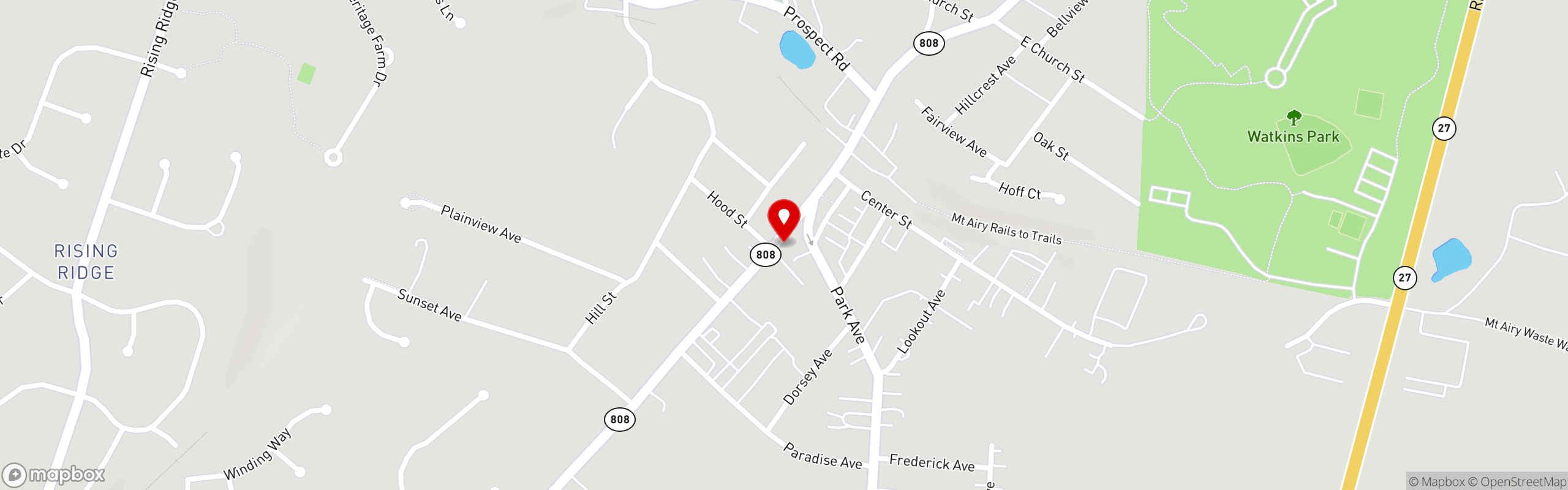 Street map pinning The Upper Deck Sports Bar & Grill in Downtown Mount Airy