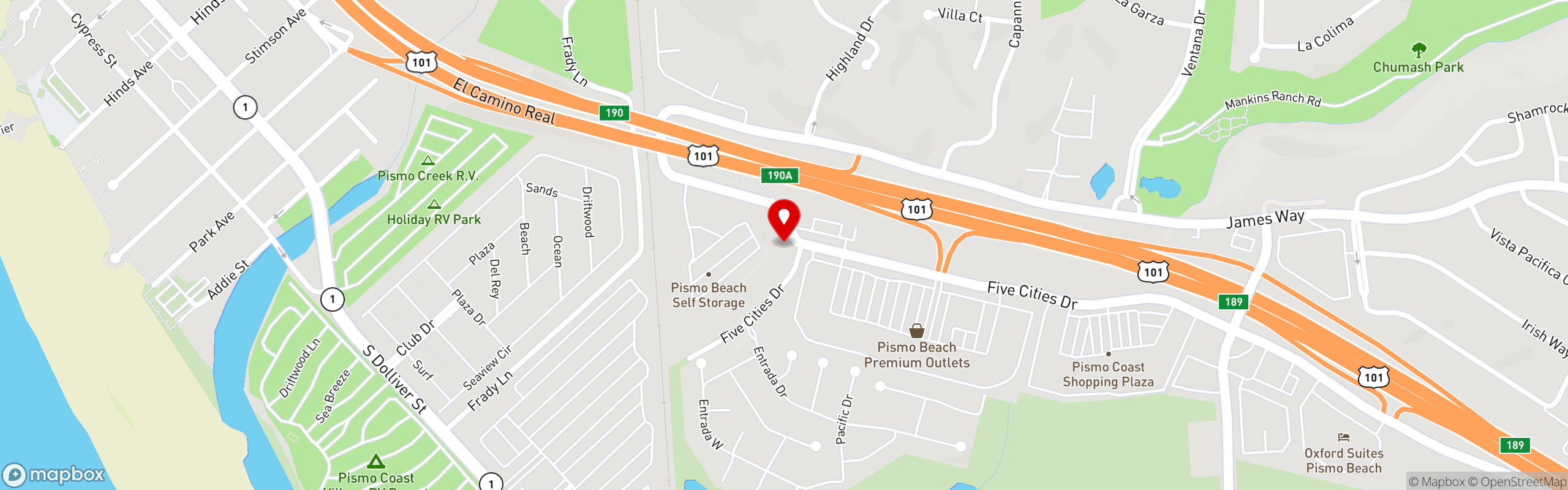 Street map pinning Brooks Burgers in Pismo Beach