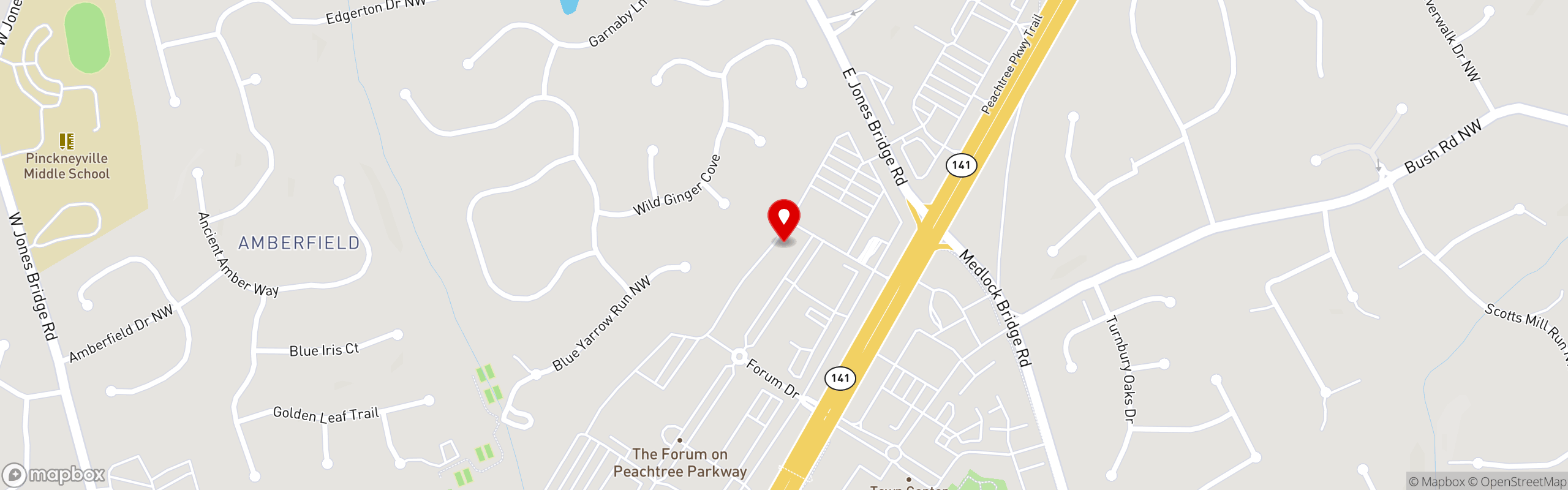 Street map pinning Buzzin Burgers in Peachtree Corners